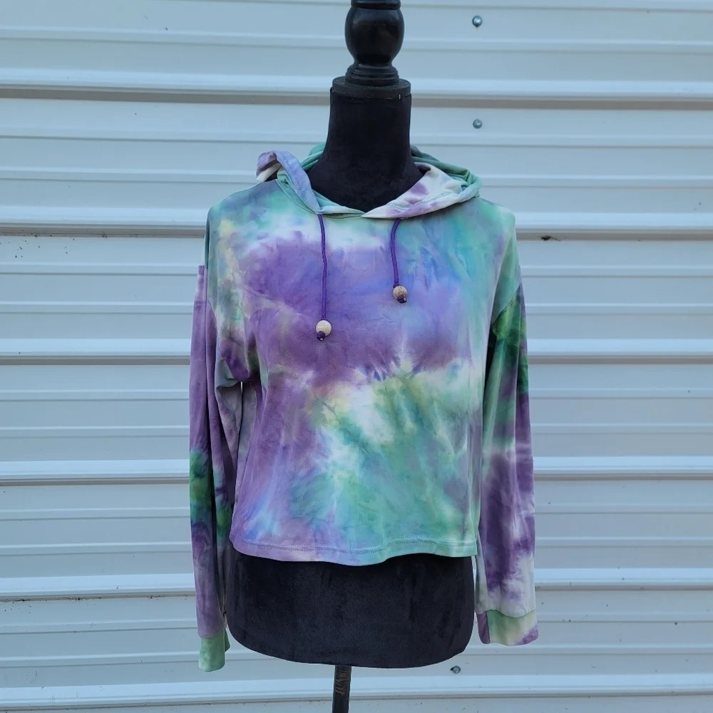 SRX Womens Tie Dye Hooded Top Medium Green Purple Soft Lightweight Loose Fit